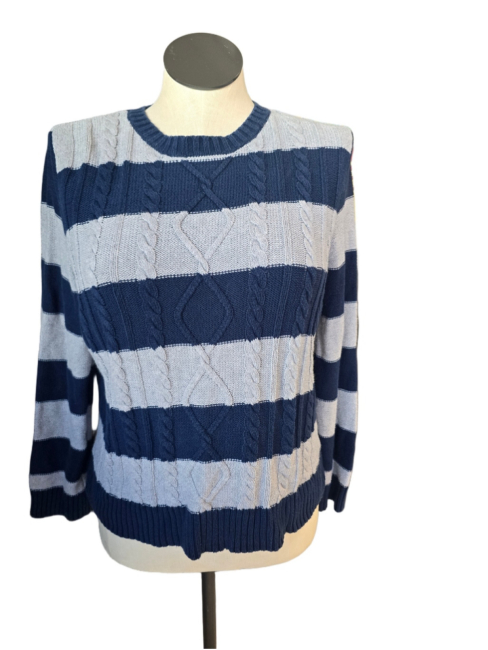 Women's Vintage Chaps Classic Cable Knit Striped Sweater XL Blue Grey